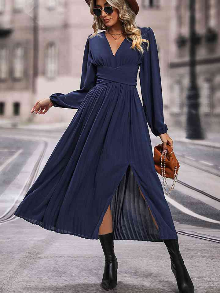 Womens Fashion Chiffon Dress Navy Blue V-Neck Long Sleeve Pleated Slit Dress Workwear and Casual