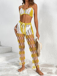 Crochet Two Piece Outfit Set Swimsuit Cover Up Cutout Halter Neck Crop Top and Pants Two-Piece Swim Set