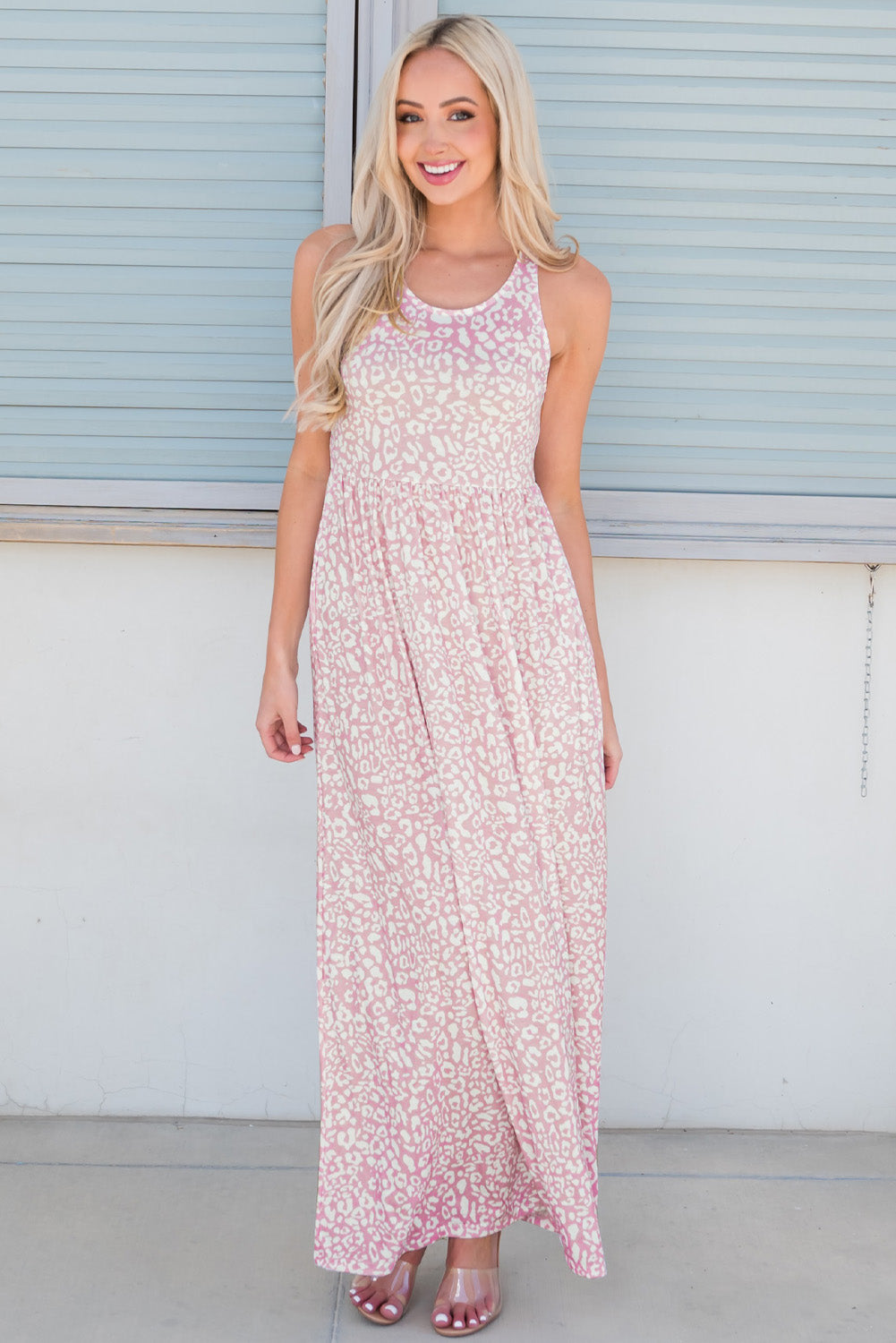 Leopard Round Neck Sleeveless Casual Maxi Dress