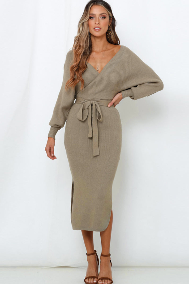 Women's Waist Tie Surplice Neck Slit Sweater Dress Casual Midi Dress Loose Fit