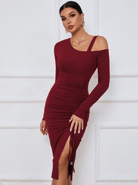 KESLEY Off the Shoulder Ribbed Ruched Drawstring Wrap Slit Long Sleeve Dress