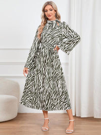 Animal Print Tie Front Ruffle Trim Long Sleeve Casual Maxi Midi Dress