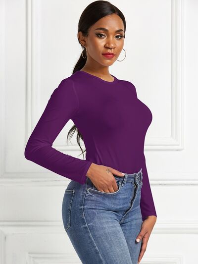 Round Neck Long Sleeve Womens Top Bodysuit