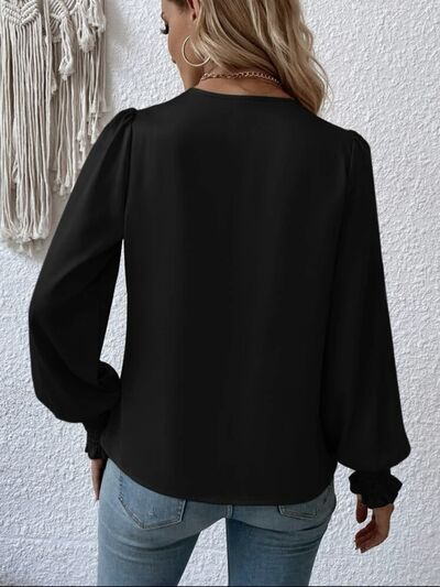 New Fashion Surplice Smocked Lantern Long Sleeve Blouse