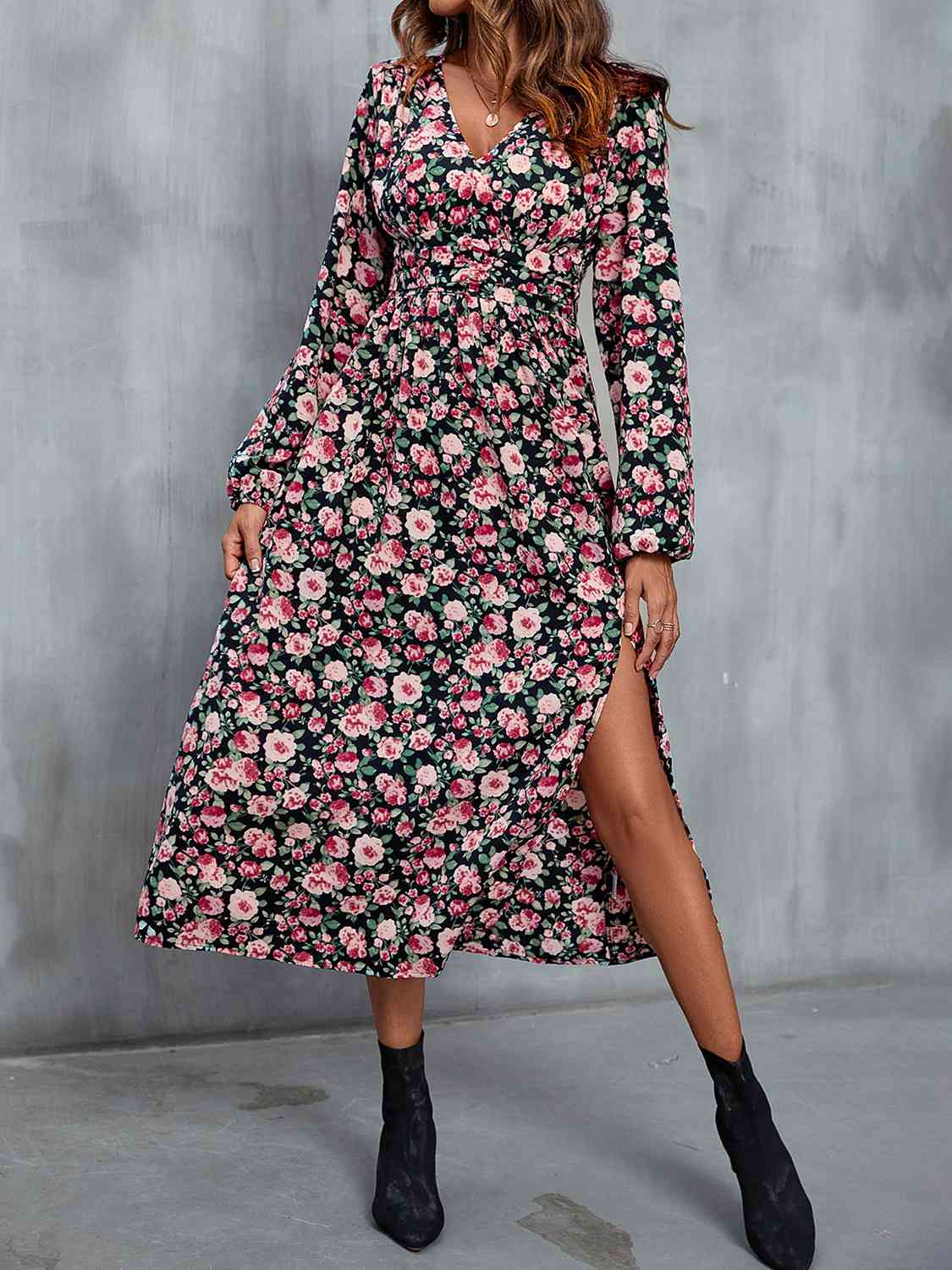 Floral V-Neck Slit Long Sleeve Midi Dress