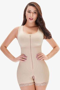 Shapewear Scoop Neck Lace Trim Shapewear Full Size Zip-Up