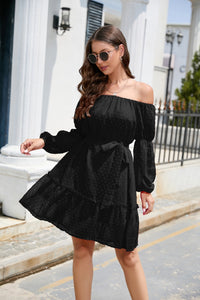 Casual Long Sleeve Short Dress Women's Fashion Waist Tie Swiss Dot Off-Shoulder Balloon Sleeve Dress