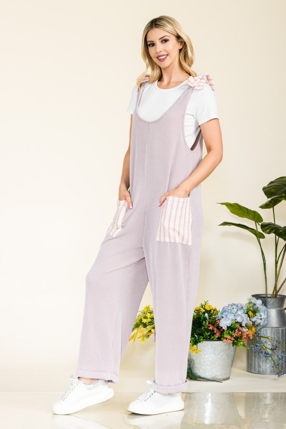 Women's Stripe Contrast Pocket Rib Jumpsuit Long Pants Romper Petite and Plus Size Fashion