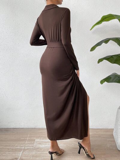 Tied Slit Long Sleeve Wrap Maxi Dress