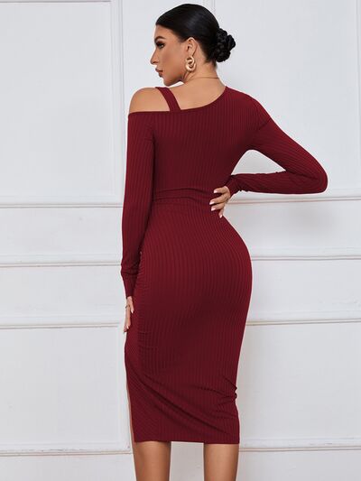 KESLEY Off the Shoulder Ribbed Ruched Drawstring Wrap Slit Long Sleeve Dress