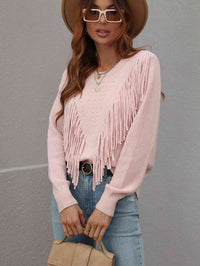 Fringe Long Sleeve Shirt Detail Ribbed Trim Sweater