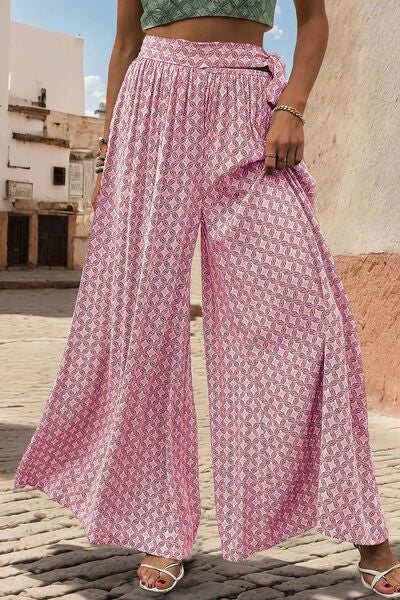 Printed Waist Tied Wide Leg Pants