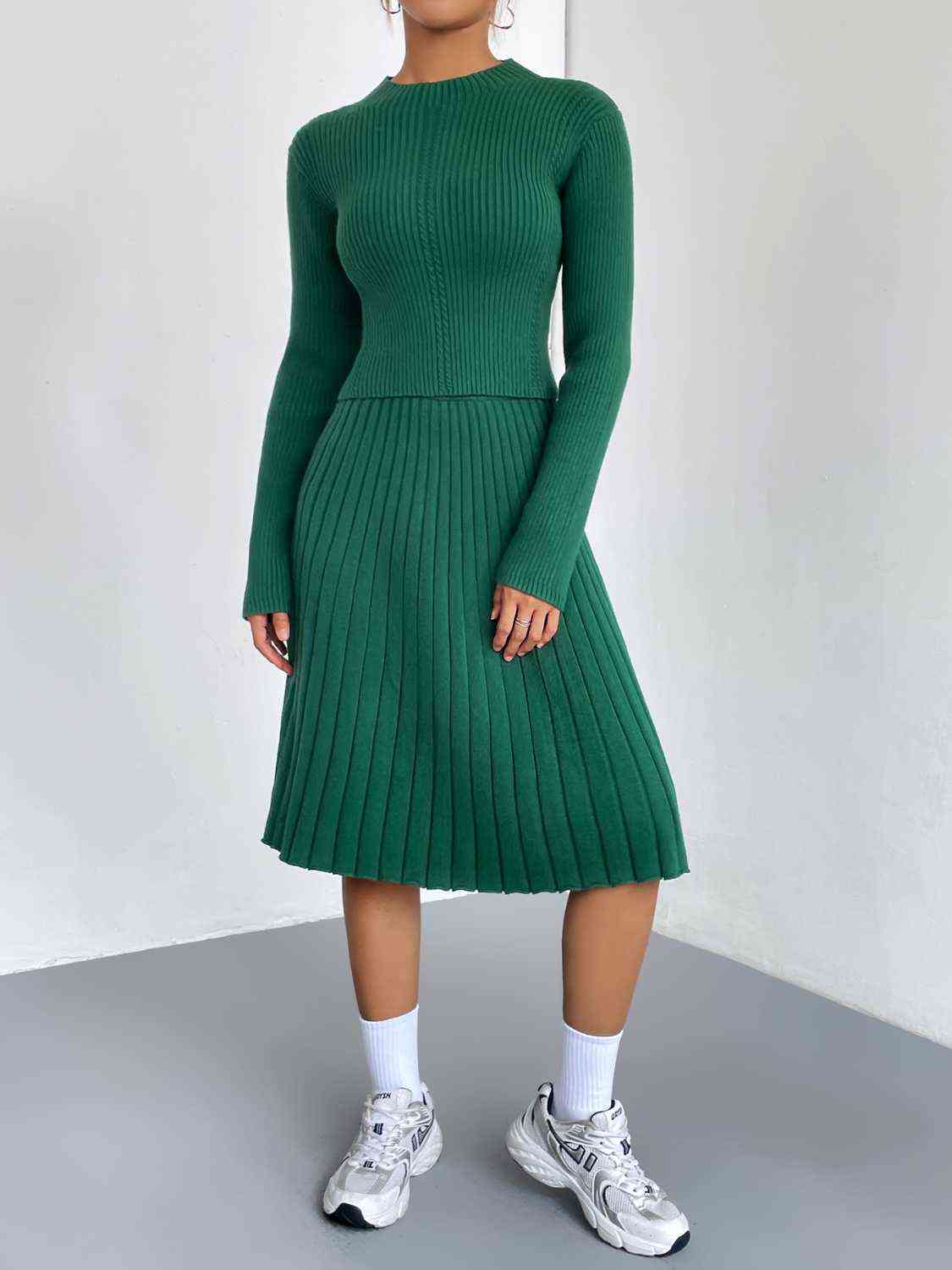 Fashion Outfit Set Rib-Knit  Long Sleeve Sweater Shirt and Long Midi Skirt