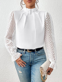 Mock Neck Flounce Fashionable Sheer Sleeve Blouse