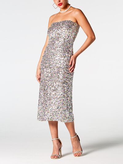 Silver Sequin Strapless Evening Dress Women's Sleeveless Midi Wrap Dress for special occasions