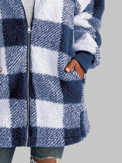 Checkered Plaid Zip-Up Hooded Jacket with Pockets