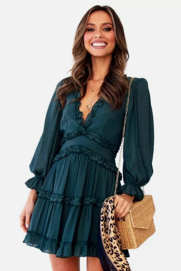 Dress, dresses, long sleeve dresses, black dress, black dresses, casual dresses, shirt dresses, flare dress, flare sleeve dresses, blue dresses, casual dresses, v neck dress, womens fashion, womens clothing , mini dresses, vacation dresses, womens fashion, nice dresses, backless dress, long sleeve backless dress, back cut out dresses, day dress, outfit ideas, cute clothes, tiktok fashion, blue dress, teal dresses, green dresses, dinner outfit ideas