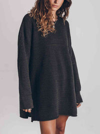 Openwork Round Neck Long Sleeve Slit Oversized Fashion Sweater