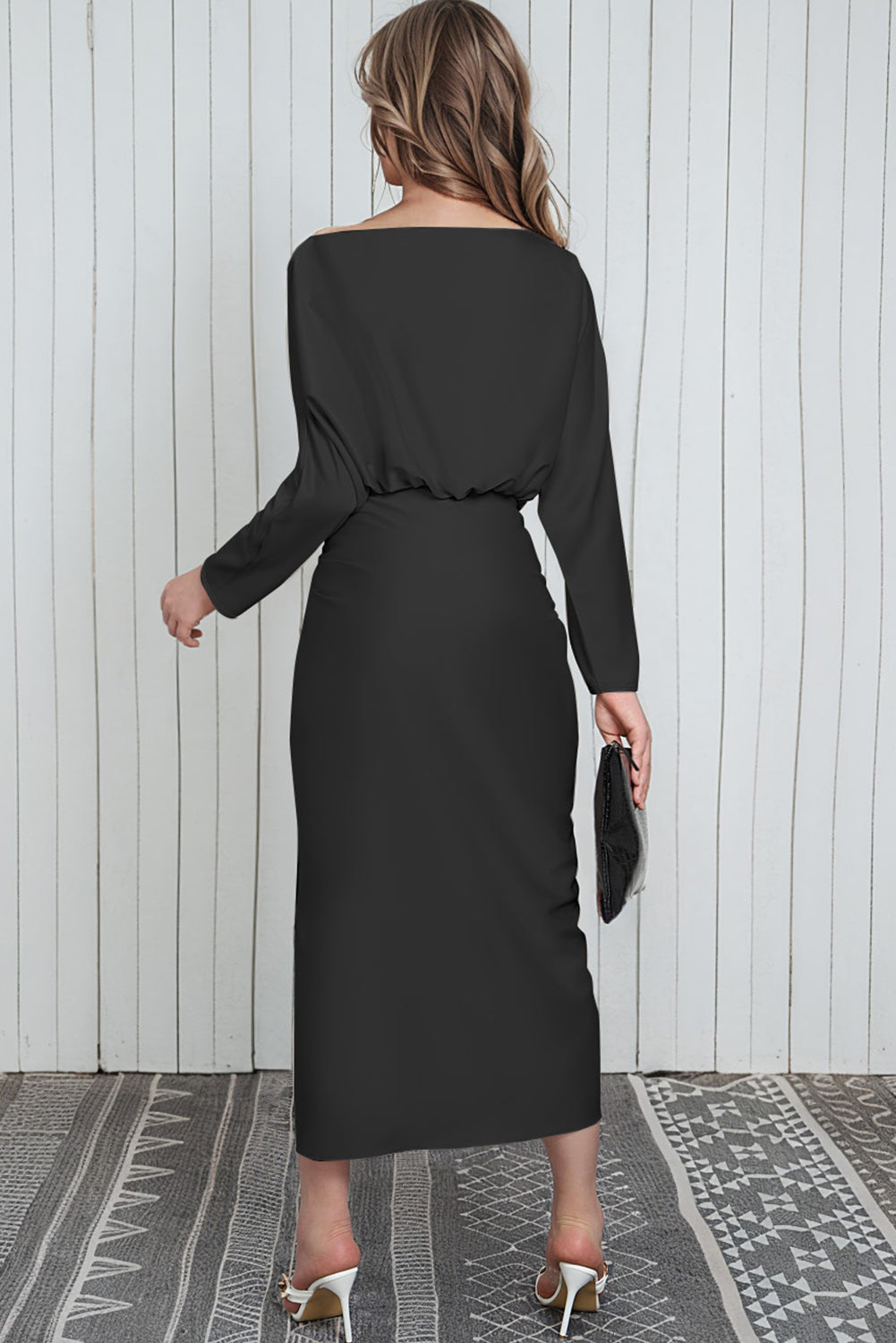 Boat Neck Long Sleeve Twisted Midi Dress, Work Dress, professional dresses