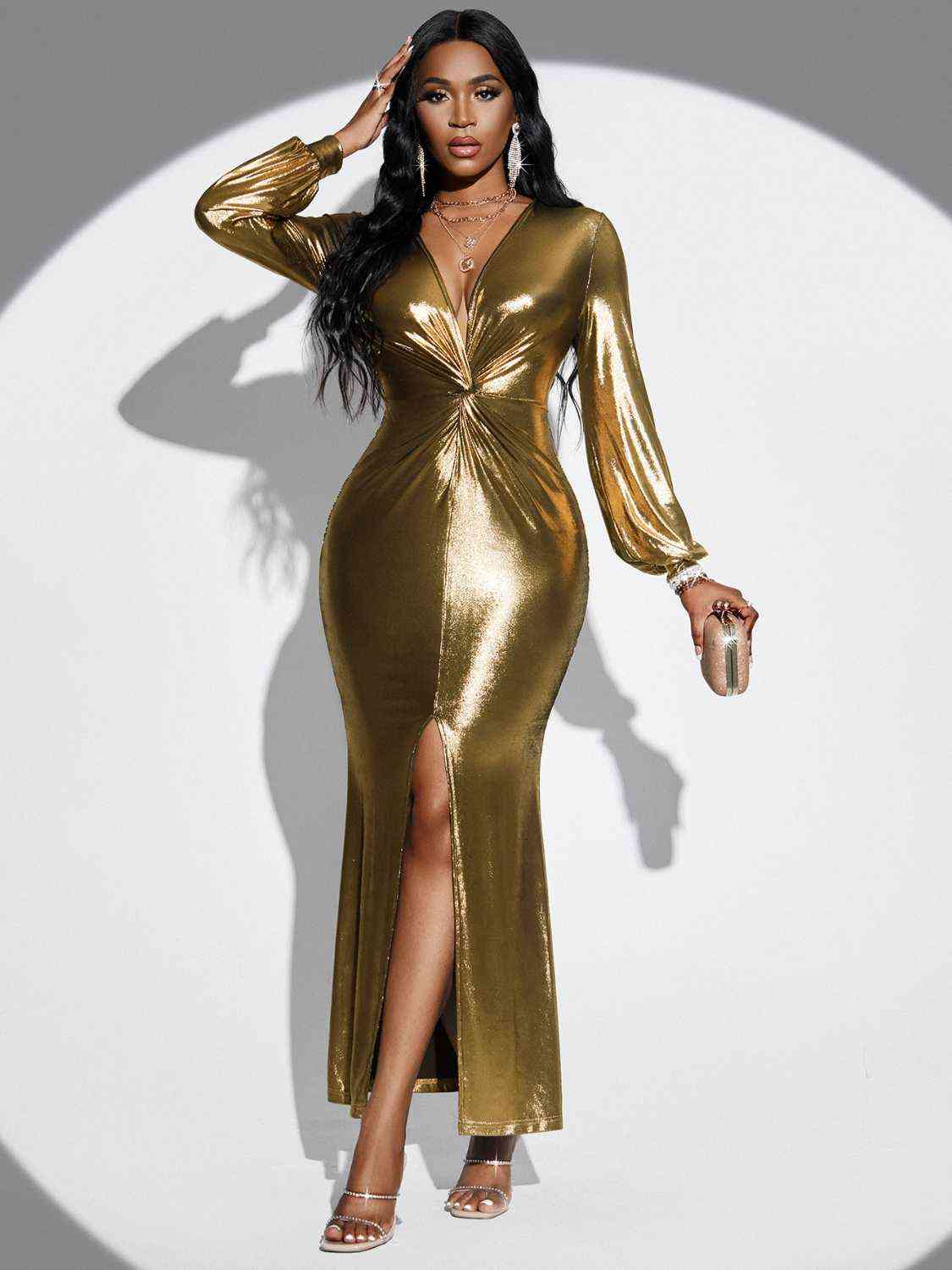 Gold dress, gold dresses, long sleeve dress, NYE dress, birthdya dress, long sleeve dresses, party dress, evening dress, tight dresses, bodycon dress, womens clothing, dinner dress, slit dress, womens fashion, outfit ideas, cute dresses, cheap dresses, designer dresses, affordable dress , gold dress