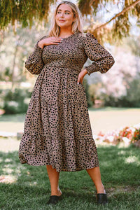 Plus Size Animal Print Smocked Tiered Casual Long Sleeve Dress