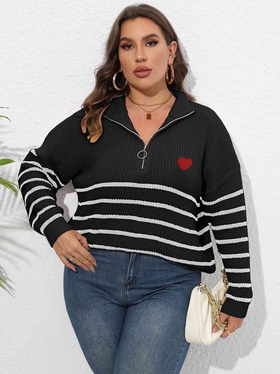 Plus Size Zip-Up Striped Sweater with heart print