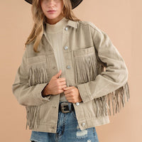 Fringe Denim Jacket Detail Dropped Shoulder Pink Shacket