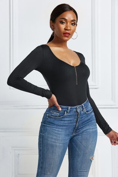 Half Zip Scoop Neck Long Sleeve Top Womens Shirt Bodysuit