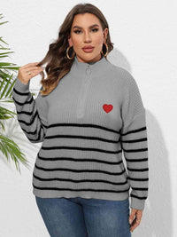 Plus Size Zip-Up Striped Sweater with heart print