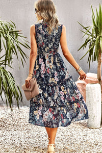 Frill Trim Smocked Sleeveless Floral Midi Dress