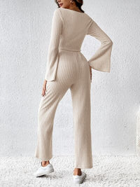 Ribbed Flare Sleeve Top and Pants Set, Loungewear Sets