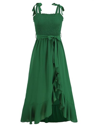 Green Waist Tie High Slit Dress Ruffled Smocked Tied Cami Maxi Dress Womens Fashion