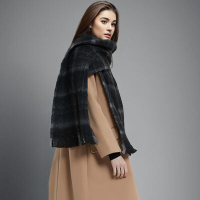 Plaid Raw Hem Polyester Fashion Oversized Big Scarf