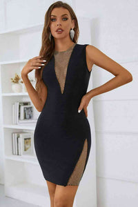 Womens Sexy Mini Dress Rhinestone Detail Spliced V Neckline See Through Mesh Sleeveless Short Dress