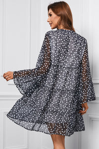 Printed Notched Neck Flare Sleeve Tiered Dress