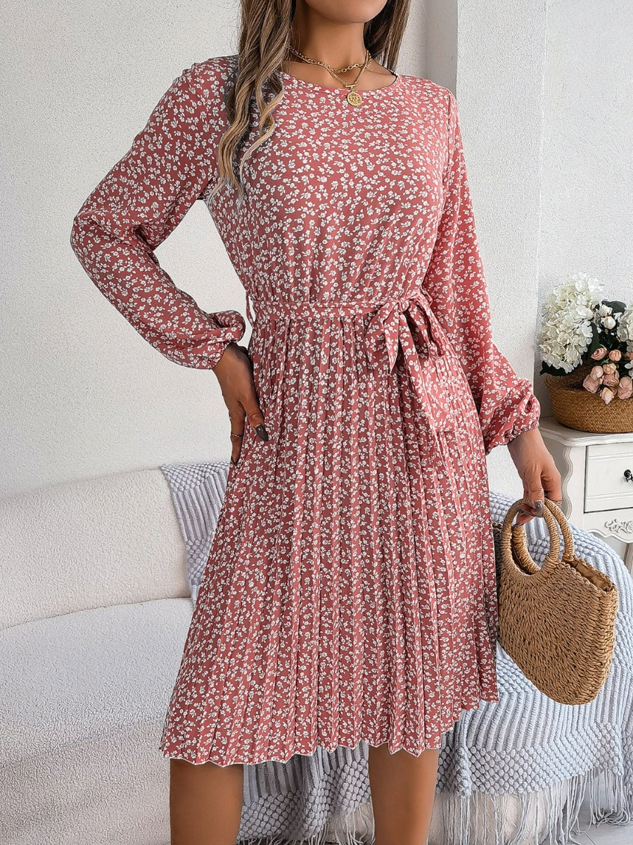 Ditsy Floral Tie Waist Pleated Long Sleeve Dress Women's Casual Wear and Workwear Fashion