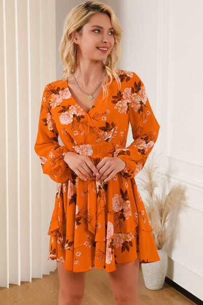 Womens Long Sleeve Orange Floral Surplice Layered Tie-Waist Short Mini Dress