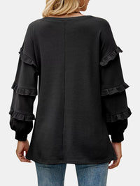 Women's Cotton Ruffled V-Neck Long Sleeve T-Shirt