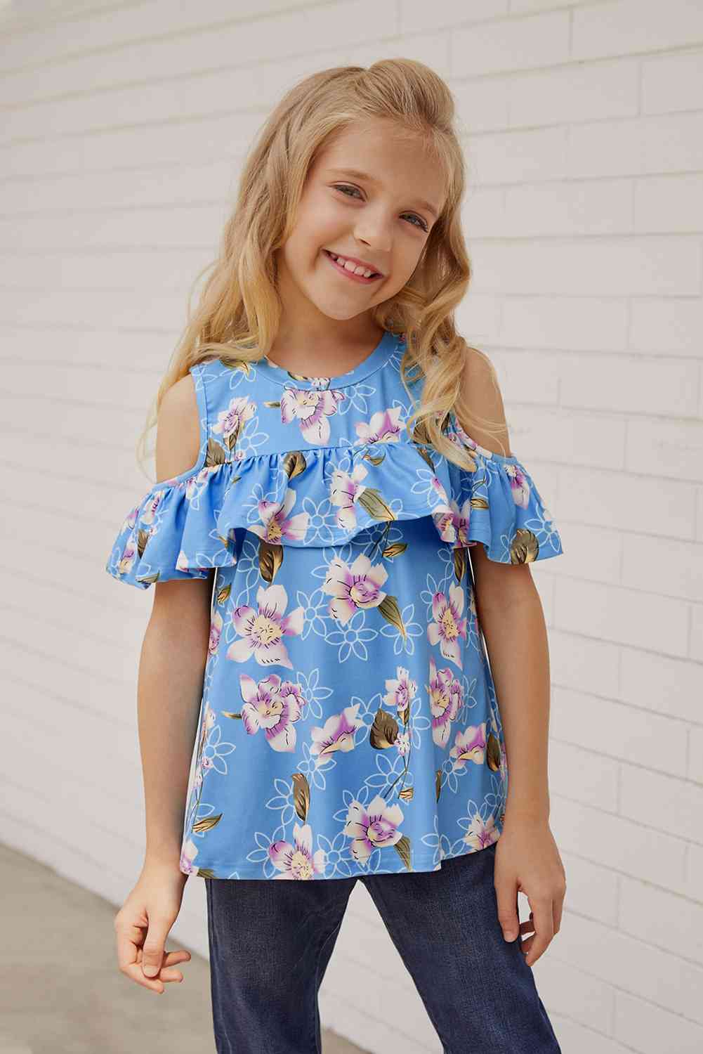 Girls Floral Cold-Shoulder Ruffled Top Kid's Fashion