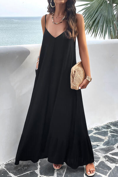 Backless Maxi Cami Dress with Pockets Holiday vacation Flowy Comfortable Loose Fit Dress