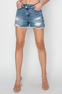 KESLEY Blue Denim Shorts Stepped Waist Frayed Cotton Jean Shorts Women's Fashion