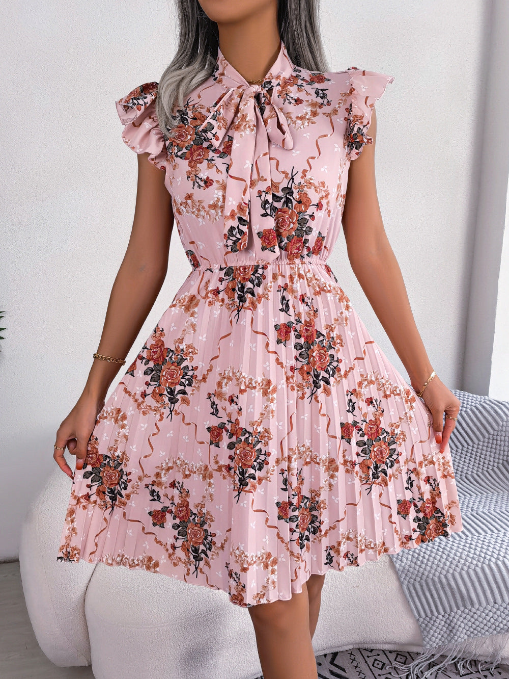 Pleated Floral Printed Tie Neck Knee Length  Short Sleeve Dress