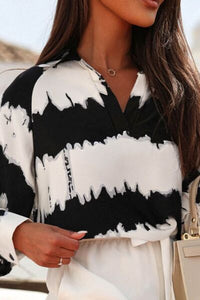 Womens Black and White Collar Shirt Printed Johnny Collar Long Sleeve Blouse, KESLEY FASHION