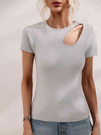 Womens Casual Shirt Cutout Round Neck Short Sleeve Knit Top