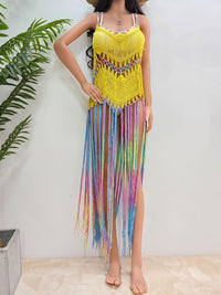 Swimsuit Cover-Up Dress Fringe Scoop Neck Spaghetti Strap Women's Crochet bikini Cover-Up