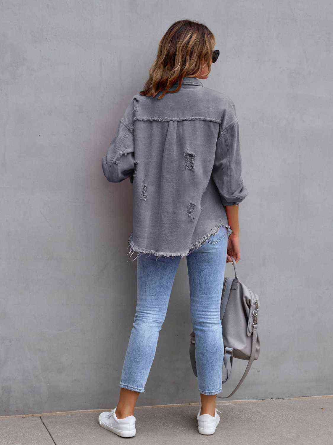 Womens Denim Shirt Jacket Distressed Drop Shoulder Open Shacket