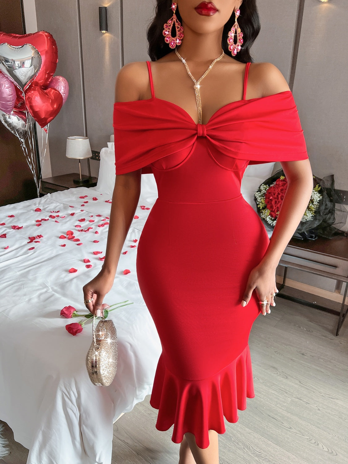 Red Spaghetti Strap Fishtail Wrap Dress