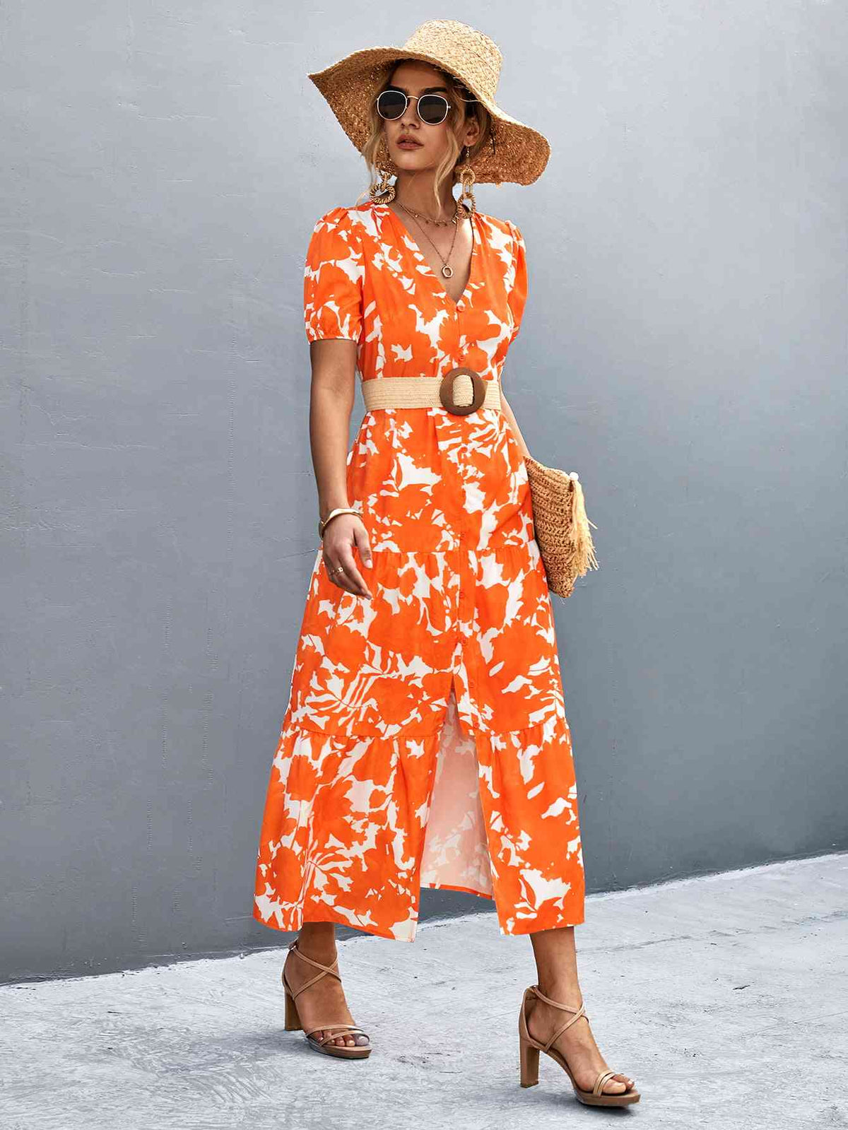 Vacation Dress V-Neck Short Sleeve High Slit Midi Dress