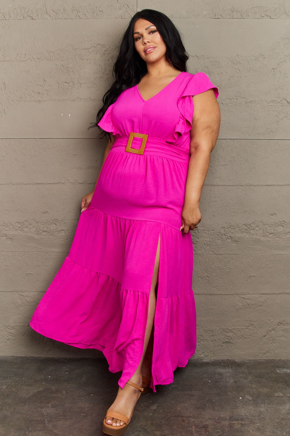 KESLEY Fancy Pink Plus Size Tiered Side Slit Maxi Dress