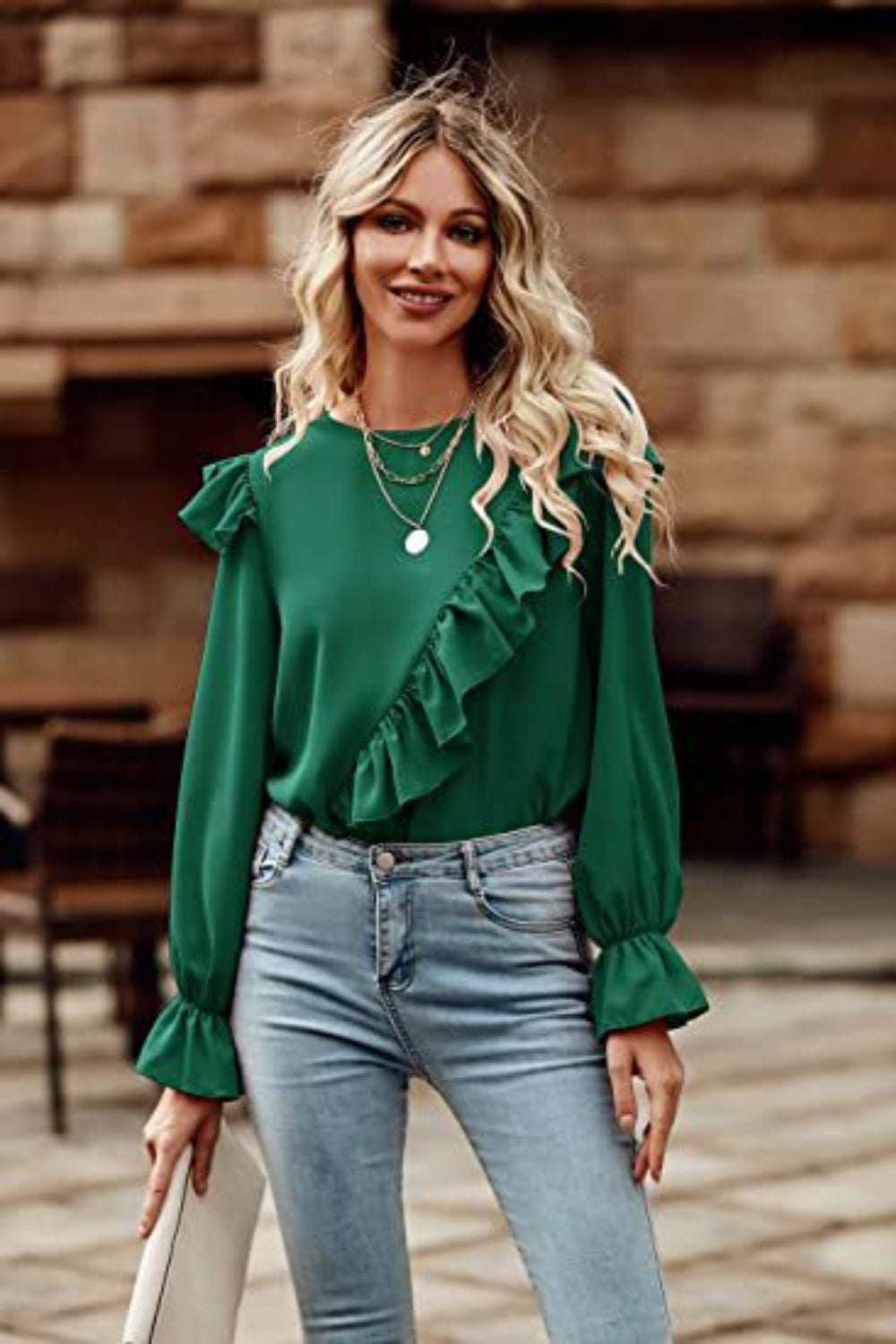 Womens Casual Blouse Shirt Ruffled Round Neck Long Sleeve Top